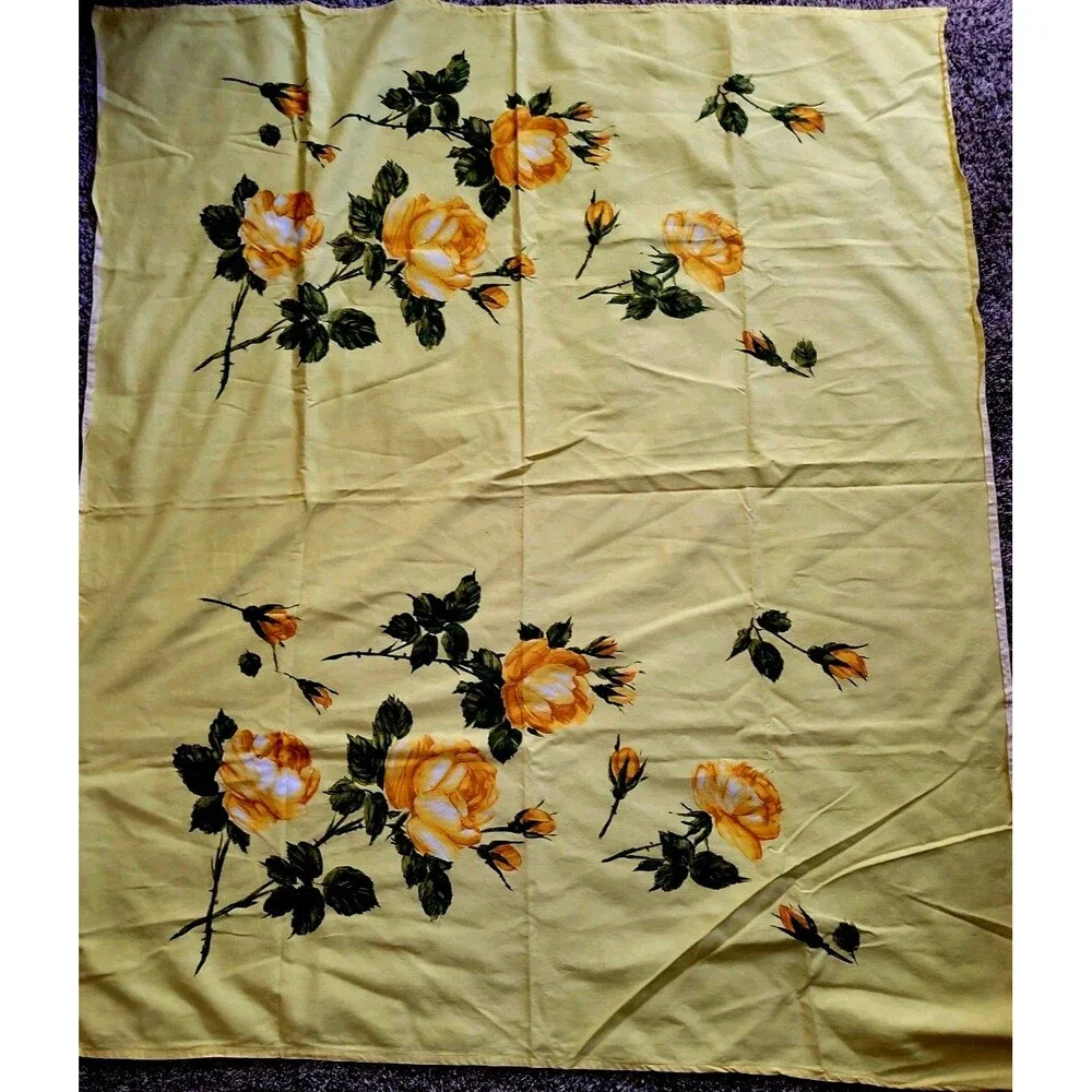 Yellow Roses Tablecloth Vintage 49”x42” Handmade from Flat Sheet Bright Colors